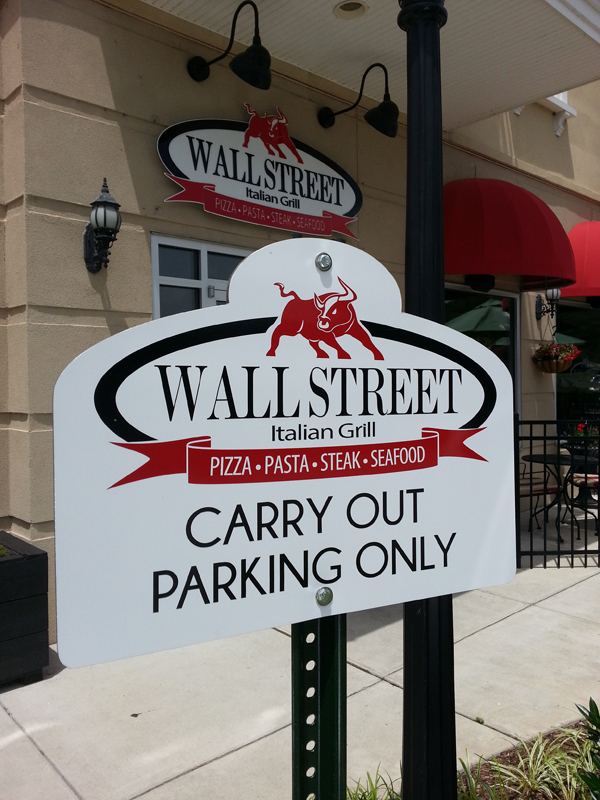 Wall Street Italian Grill in Franklin exterior logo sign and carry out parking sign. 12-Point SignWorks