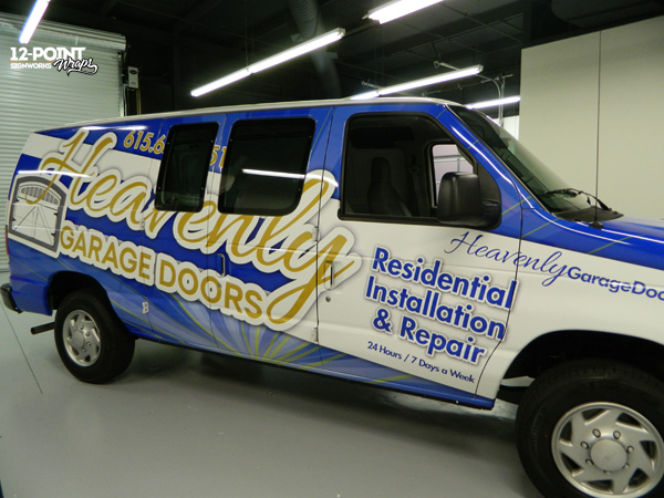 Advertising wrap for Heavenly Garage Doors in production. 12-Point SignWorks