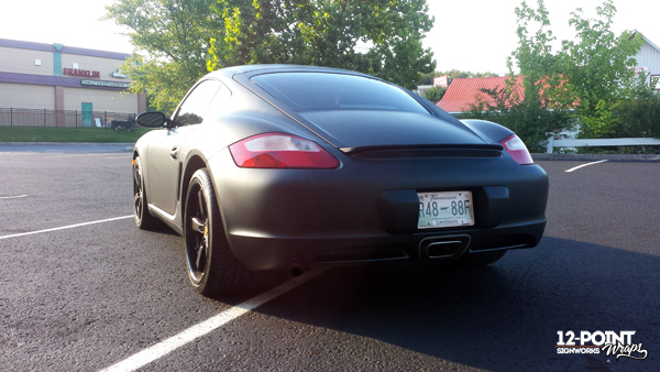 Porsche Cayman matte black full color change wrap. 12-Point SignWorks