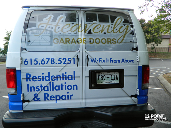 Full advertising van wrap for Heavenly Garage Doors. 12-Point SignWorks