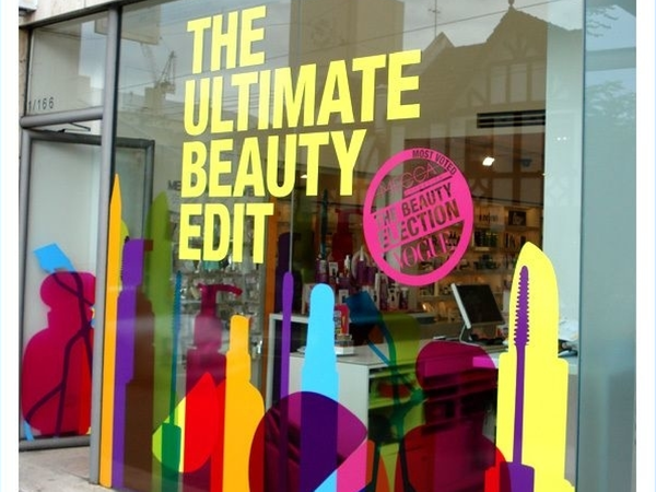 The ultimate beauty edit store window for Mecca