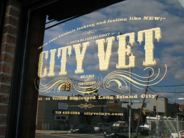 Gold vinyl window sign design for City Vet in New York