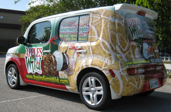 full color Nissan Cube car wrap design including pictures