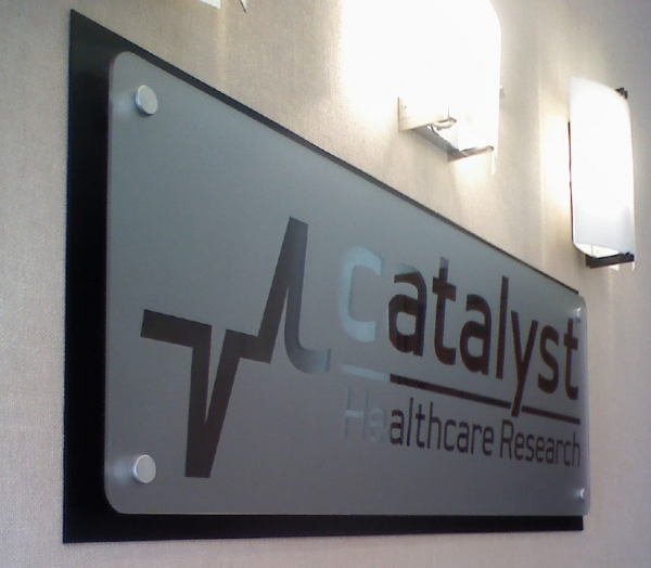 hanging lobby sign using frosted acrylic