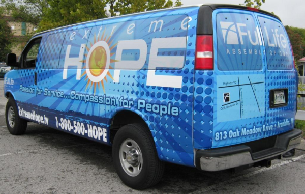 Church passenger van vinyl wrap with window graphics