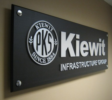 3D brushed metal logo on wood panel create indoor business sign