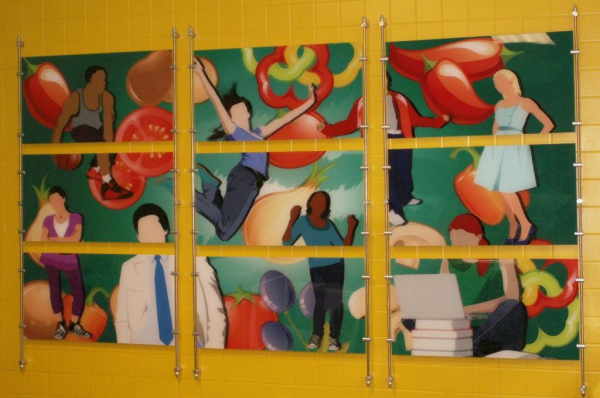 Wall mural architectural display for school cafeteria