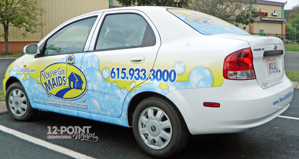 You've Got MAIDS advertising wrap for a Chevy Aveo. 12-Point SignWorks