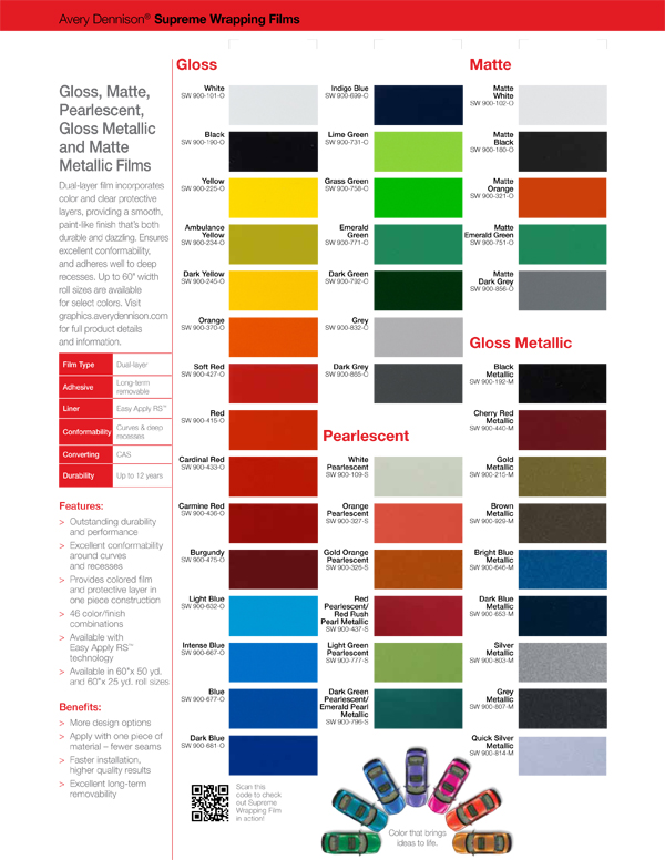 Color varieties for Avery Dennison wrap film. 12-Point SignWorks