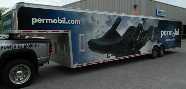 Vinyl trailer wrap for mobile product advertisement