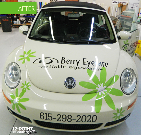 The after picture of the front of the Berry Eyecare VW bug. 12-Point SignWorks