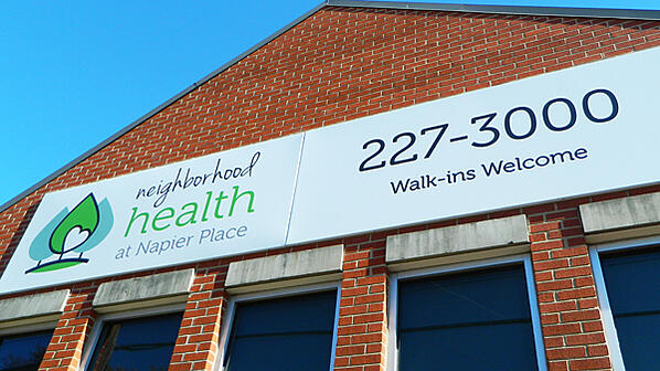 Pan signs for Neighborhood Health at Napier Place. 12-Point SignWorks