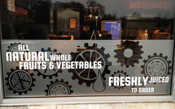 Vinyl graphics and lettering on an exterior window of The Urban Juicer in Nashville. 12-Point SignWorks