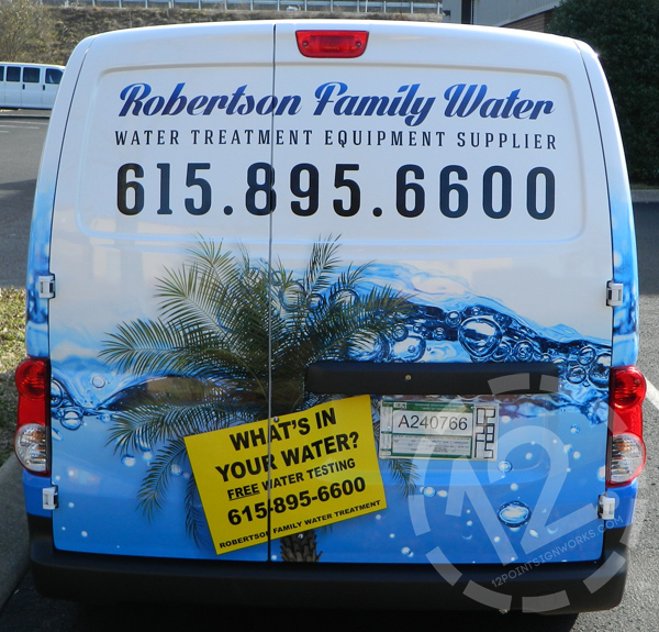 Rear view of the Robertson Family Water NV200 advertising wrap design. 12-Point SignWorks