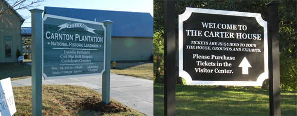 Outdoor signage for the Carnton Plantation and Carter House in Franklin, TN by 12-Point SignWorks.