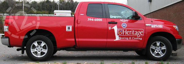 Vehicle graphics for Heritage Heating & Cooling. 12-Point SignWorks