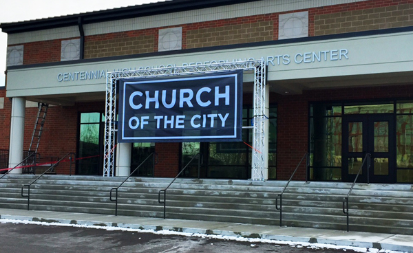 Mesh banner for Church of the City's new location in Franklin, TN. 12-Point SignWorks
