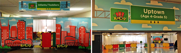 Two views of the interior set-up for Church of the City's Franklin location. 12-Point SignWorks
