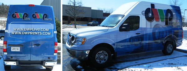 Back and side views of the DWP Live cargo van with a partial coverage wrap by 12-Point SignWorks.