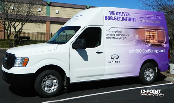 Partial advertising wrap design for a Nissan NV2500 for Infiniti of Cool Springs. 12-Point SignWorks