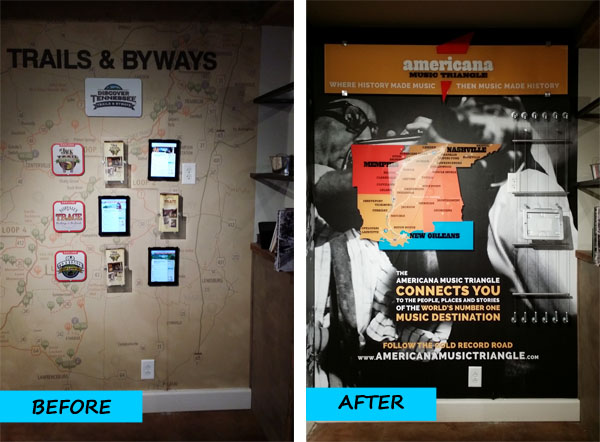 Before and after photos of the walls in the Franklin Visitor Center. 12-Point SignWorks