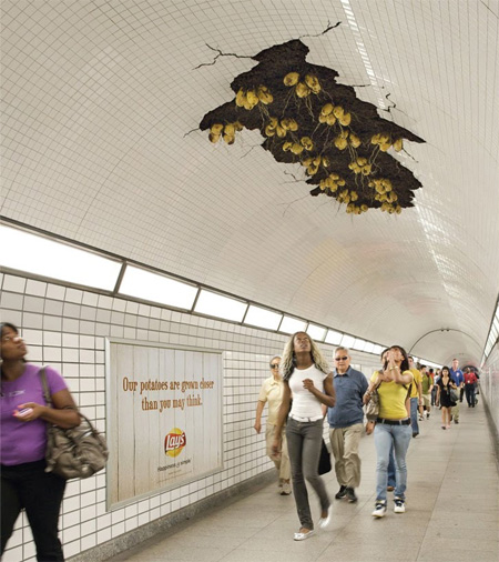 Lay&squot;s ceiling sticker campaign in Chicago. "Our potatoes are grown closer than you may think."