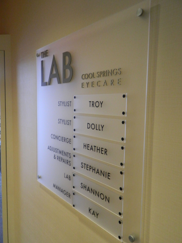 Frosted acrylic magnetic slat sign for The Lab at Cool Springs Eyecare in Franklin, TN. 12-Point SignWorks