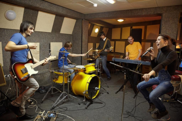 Band doing a set in a recording studio