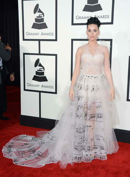 Step and repeat pattern for the 2014 Grammy Awards featuring Katy Perry