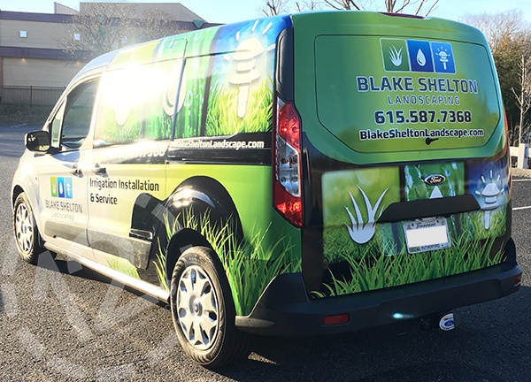 The side and rear of the Ford Transit wrap for Blake Shelton Landscaping. 12-Point SignWorks - Franklin TN