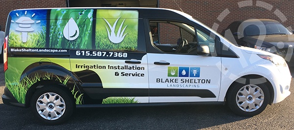 The completed partial advertising wrap for Blake Shelton Landscaping. 12-Point SignWorks - Franklin TN