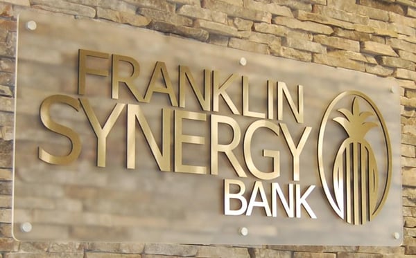 Franklin Synergy Bank in Spring Hill lobby signage by 12-Point SignWorks. 