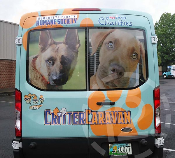 The back of the Humphreys County "Critter Caravan" that takes animals to their new "FurEver" home. 12-Point SignWorks - Franklin TN