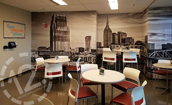 Custom wall mural and decal for Loews Business Services Center in Nashville TN. 12-Point SignWorks - Franklin TN