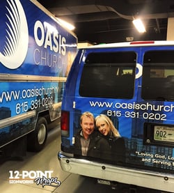Oasis Church van and truck wraps at 12-Point SignWorks in Franklin, TN.