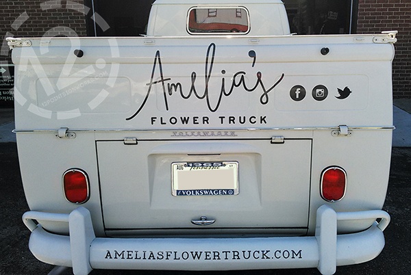 Cut vinyl graphics for the back of Melody - the third truck for Amelia's Flower Truck in Nashville. 12-Point SignWorks - Franklin TN