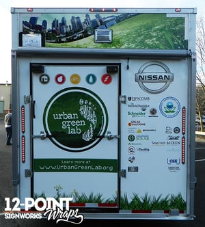 The rear of the trailer, showing all of the sponsors and supporters of the Urban Green Lab's mobile lab. 12-Point SignWorks