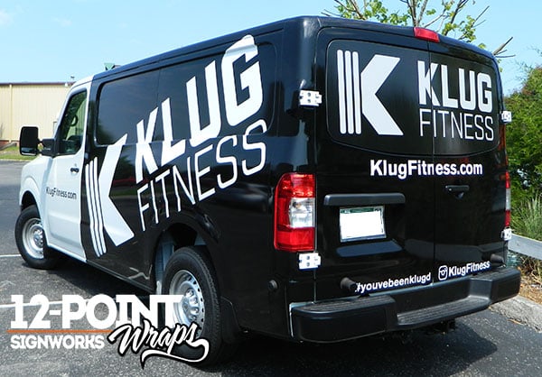 Advertising wrap on the Klug Fitness Nissan NV2500. 12-Point SignWorks - Franklin TN