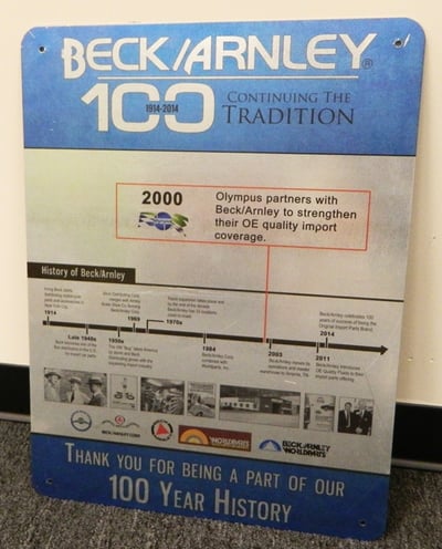 Custom printed galvanized metal signs for Beck/Arnley's 100 year anniversary. 12-Point SignWorks