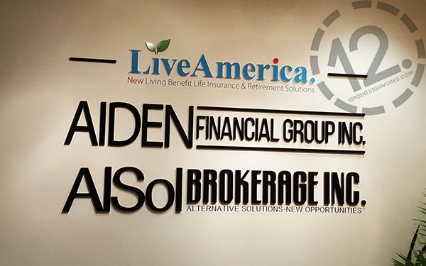 Dimensional logo signs for Aiden Financial, AlSol Brokerage, and LiveAmerica. 12-Point SignWorks - Franklin TN