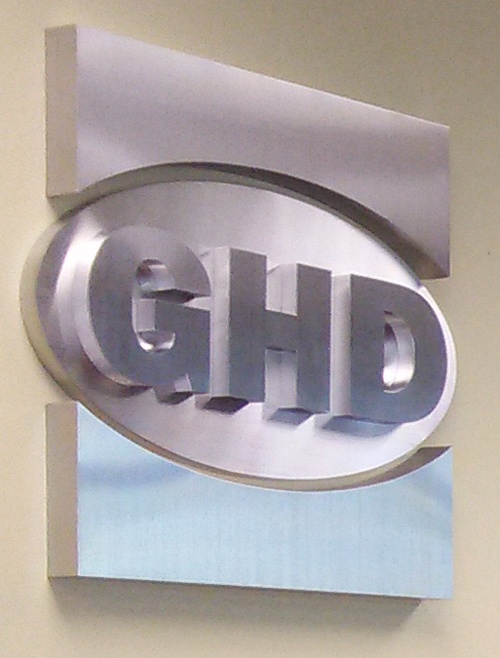 New metal logo sign for the rebranded GHD office in Middle Tennessee. 12-Point SignWorks - Franklin, TN