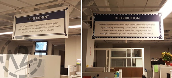 Custom department hanging signs for Loews Business Services Center in Nashville TN. 12-Point SignWorks - Franklin TN
