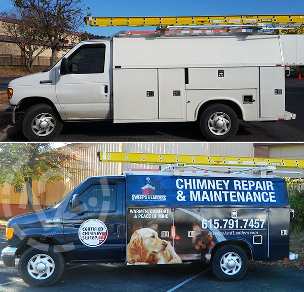 Before and after photos of the sides of the Sweeps and Ladders Ford E350. 12-Point SignWorks - Franklin TN