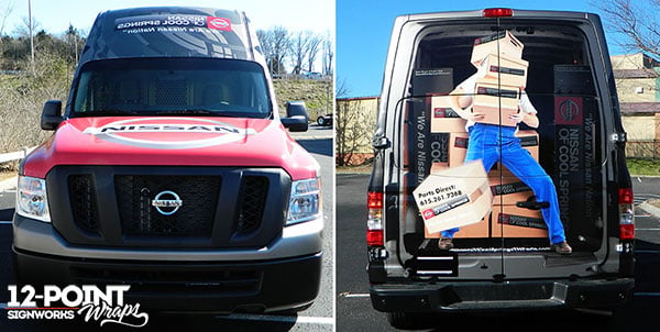 Views of the front and rear custom design on the Nissan NV2500 parts van for Nissan of Cool Springs. 12-Point SignWorks
