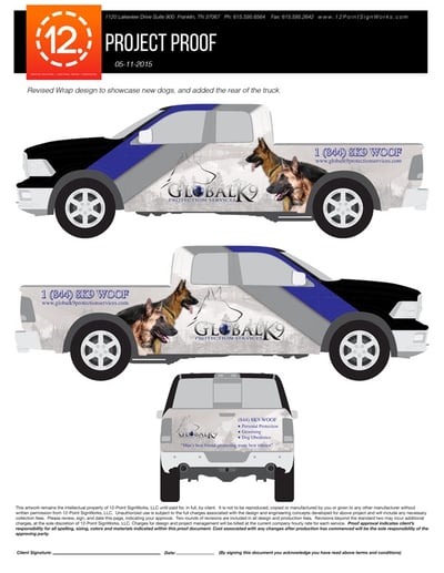 Original proof for Global K9 Protective Services advertising wrap. 12-Point SignWorks