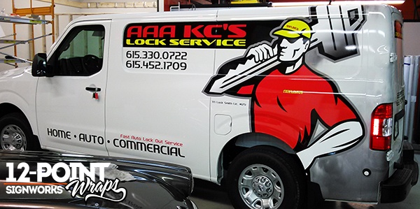 The finished partial advertising wrap for AAA KC's Lock Service's 2016 Nissan NV2500. 12-Point SignWorks - Franklin, TN