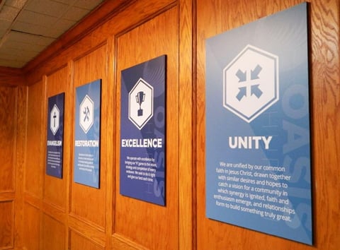Four of eleven foamboard posters designed to illustrate the mission statement for Oasis Church in Nashville. 12-Point SignWorks