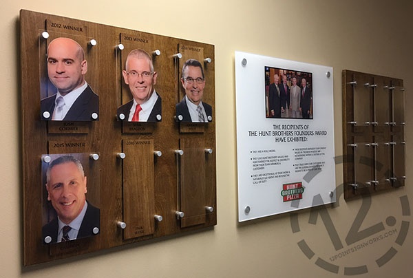 The Hunt Brothers Pizza Founders Award wall display at their Nashville TN headquarters. 12-Point SignWorks - Franklin TN
