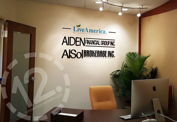 Dimensional logo signs for Aiden Financial, AlSol Brokerage, and LiveAmerica. 12-Point SignWorks - Franklin TN