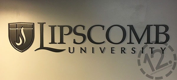 The logo sign for Lipscomb University fabricated out of black anodized aluminum. 12-Point SignWorks - Franklin, TN